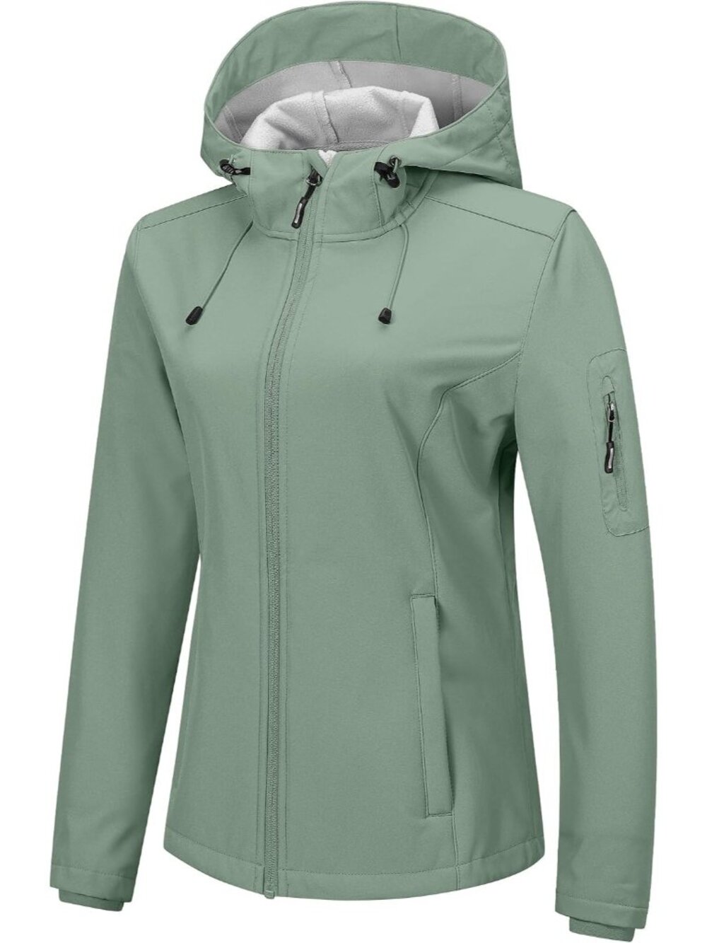 Women's Ice Green Hooded Softshell Fleece Lined Cuff Sleeve Waterproof Rain Coat